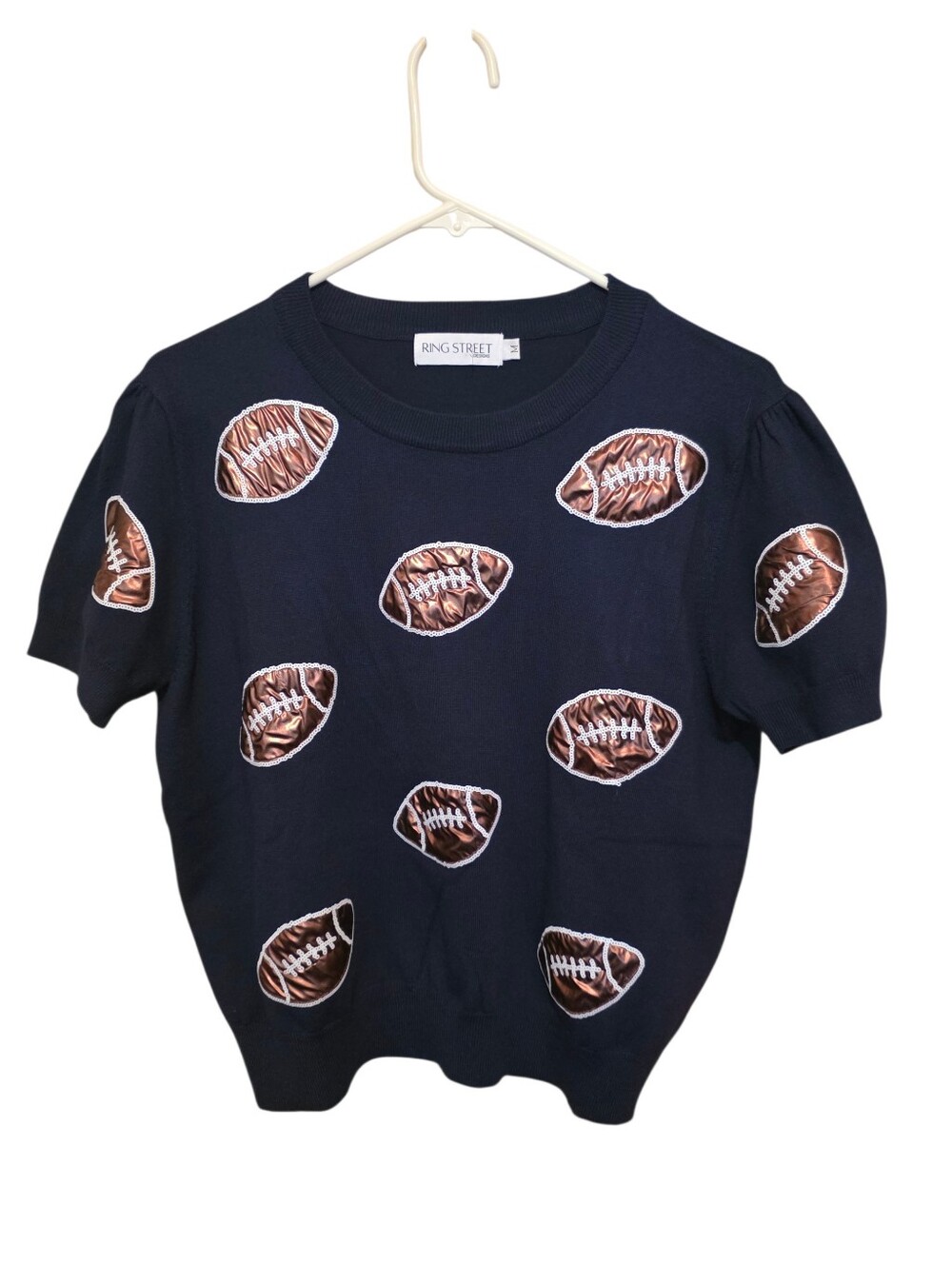 Ring Street Designs Embellished Football Design Navy Short Sleeve Sweater Sz M